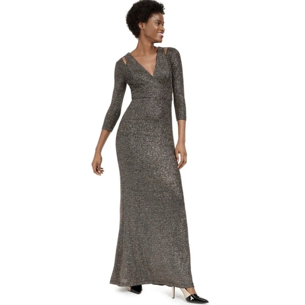 Calvin Klein Glitter Maxi Gown Dress Sz 16 Sparkle Cold Shoulder Formal Evening